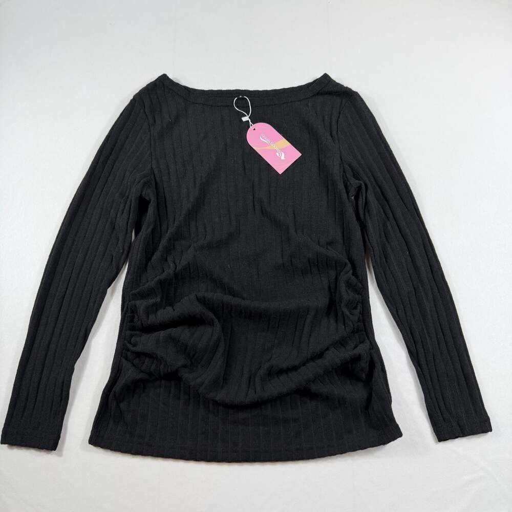 Sweetyweee Women's Black Ribbed Long Sleeve with Ruching